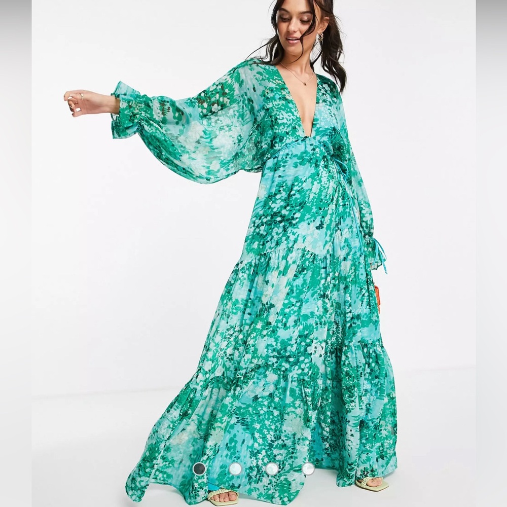 ASOS Green Teal Maxi dress tie waist blurred blossom floral print open back